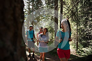 Four man and woman walking along hiking trail path in forest woods during sunny day. Group of friends people summer