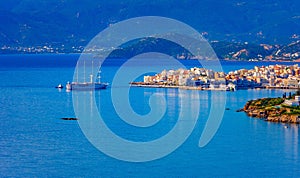 Four-masted passenger sailboat off the coast of Agios Nikolaos, Crete, Greece