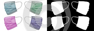 Four Medical protective mask of different colours, with rubber ear straps. Typical 3-ply surgical mask to cover the mouth and nose