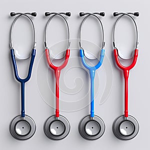 Four medical stethoscopes aligned in a row. Generative AI