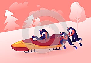 Four Men Bobsleigh Team Pushing Bob and Sliding Downhills during Winter Olympics Games Competition