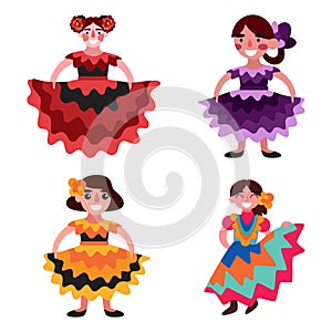 Four Mexican women dancers in traditional dresses vector illustration photo