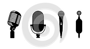 Four microphones retro classic and modern set. Microphone black silhouette on white background. Music icon mic. Mike