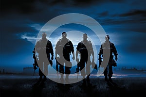 Four military comrades silhouettes project strength and synchronized resolve photo