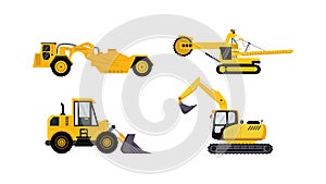 Four mining vehicle set flat element isolated on white background