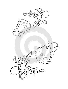 Four mollusks, colouring book page uncolored