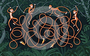 Four monkeys with long tails hang from vines in a dark forest. Guess which monkey didn`t get the banana?