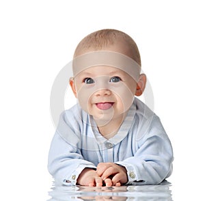 Four month Infant child baby boy in blue cloth lying happy looking at the camera isolated