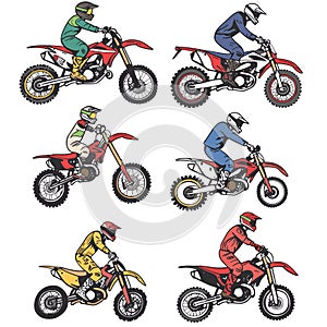 Four motocross riders racing dirt bikes, wearing different color gear including green, blue