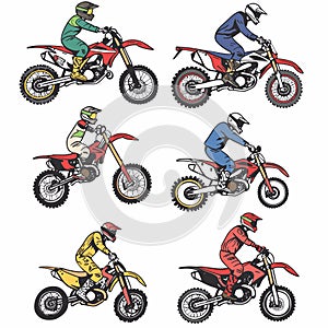Four motocross riders wear helmets, racing gear while riding dirt bikes. Motorcyclists exhibit photo