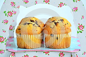 Four muffins with chocolate on the stand