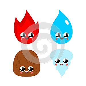 Four natural elements Cute kawaii set. Wind and fire, water and earth funny wind cartoon style. kids character. Childrens style