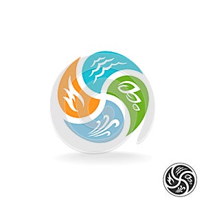 Four natural elements logo. Fire, water, air wind and nature.