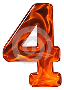 4, four, numeral from glass with an abstract pattern of a flaming fire, isolated on white background