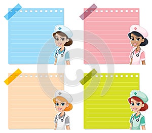 Four nurses and multicolored notepads