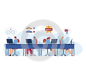 Four office workers at computers with thought bubbles showing work rewards and stress. Motivated office team dreaming of