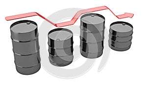 Four oil barrels with decreasing up red arrow