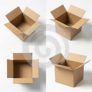 Four open cardboard boxes isolated on white background