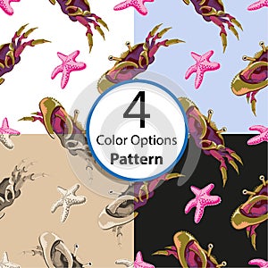 Four options seamless pattern with crabs and starfish