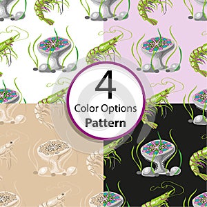 Four options seamless pattern with shrimp and jellyfish