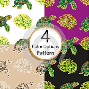 Four options seamless pattern with tropical turtle and coral