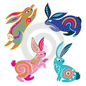 Four Oriental Rabbits with folk ornaments inside. Vector design