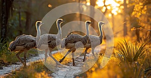 Four ostriches walking on road at sunset. Ostrich farm