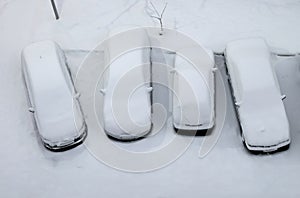 Four parked cars covered with snow