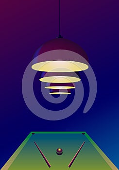 Four pendant burgundy lamps hang and shine over the pool table on which there are two cues and one ball. Billiard concept,