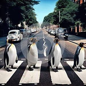 Four penguins crossing at Abbey Road