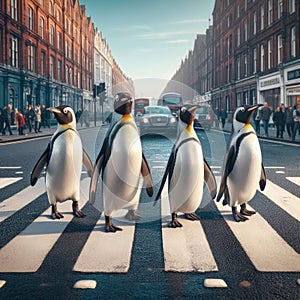 Four penguins crossing London Road