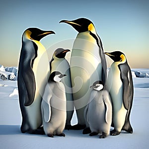 four penguins standing next to each other in snow land and sky