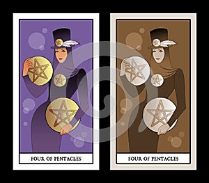 Four of pentacles. Tarot cards. Beautiful and elegant rich woman, wearing hat with feathers and four golden pentacles