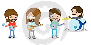 Four people in a music band on white background, Person playing Musical Instruments,illustration of young playing different photo