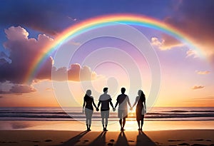 four people standing on the beach holding hands in front of a rainbow