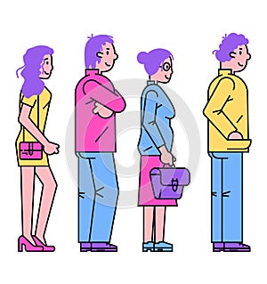 Four people standing in profile, line art style. Adult males and females, casual attire, no background. Social