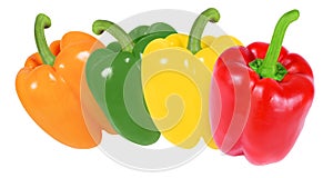 Four peppers of different colors isolated on white background. Green, red, yellow, orange peppers