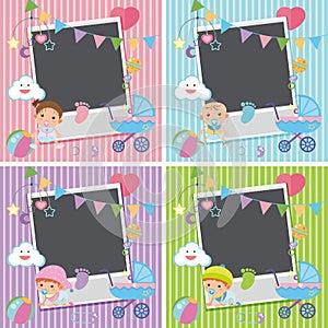 Four photo frames with baby items