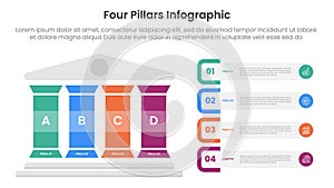 Four pillars framework with ancient classic construction infographic with 4 point stage template with colorfull pillar and