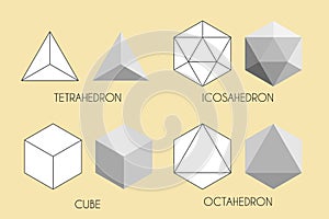 Four Platonic solids. Sacred geometry vector illustration.