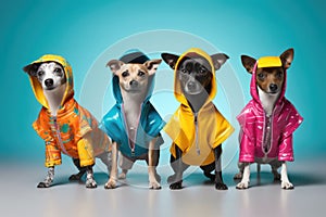 Four Playful Dogs Dressed in Colorful Raincoats. Generative AI