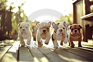 Four playful puppies run joyfully across a sunny wooden deck during a warm afternoon photo