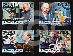 Four portraits of Sergei Prokofiev on postage stamps