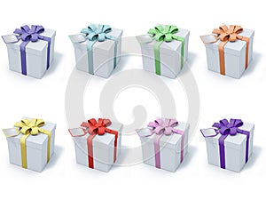 Four present boxes on white background
