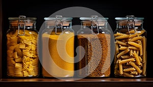 Four preserving jars on kitchen cupboard with assortment of pasta, grain and lentils. Minimalistic wallpaper with dark background