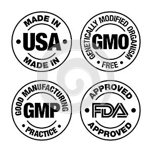 Four product badges, made in USA, GMO free, Good manufacturing practice, approved