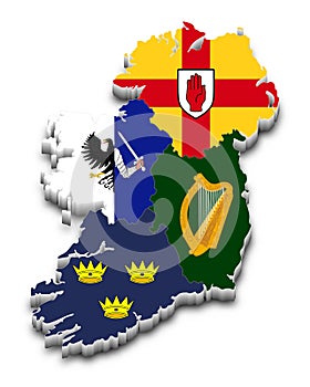 The four provinces flag of Ireland on 3d map. Leinster, Munster, Connacht and Ulster. Vector illustration. All isolated on white b