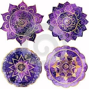 Four purple mandala flowers with gold accents. The flowers are all different sizes and shapes. The flowers are arranged