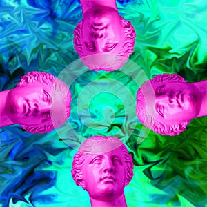 Four purple pink antique head on a green blue retro vaporwave background. Contemporary art collage.