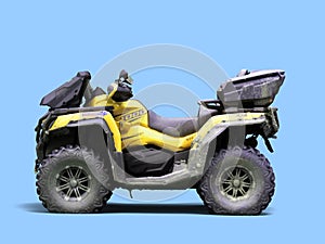 Four quad yellow bike left side view 3d render on blue